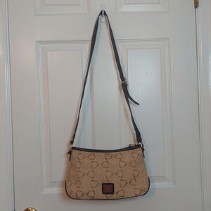 Liz Claiborne Vintage Y2K Tan Canvas Geometric Print Black Leather Shoulder Bag